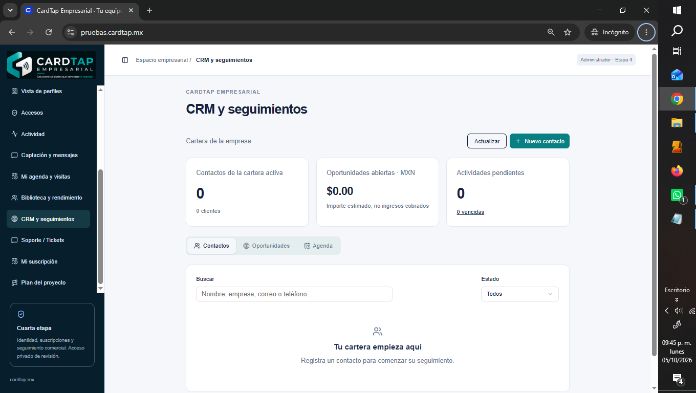 Captura real del módulo CRM y seguimientos de CardTap, en una empresa de prueba