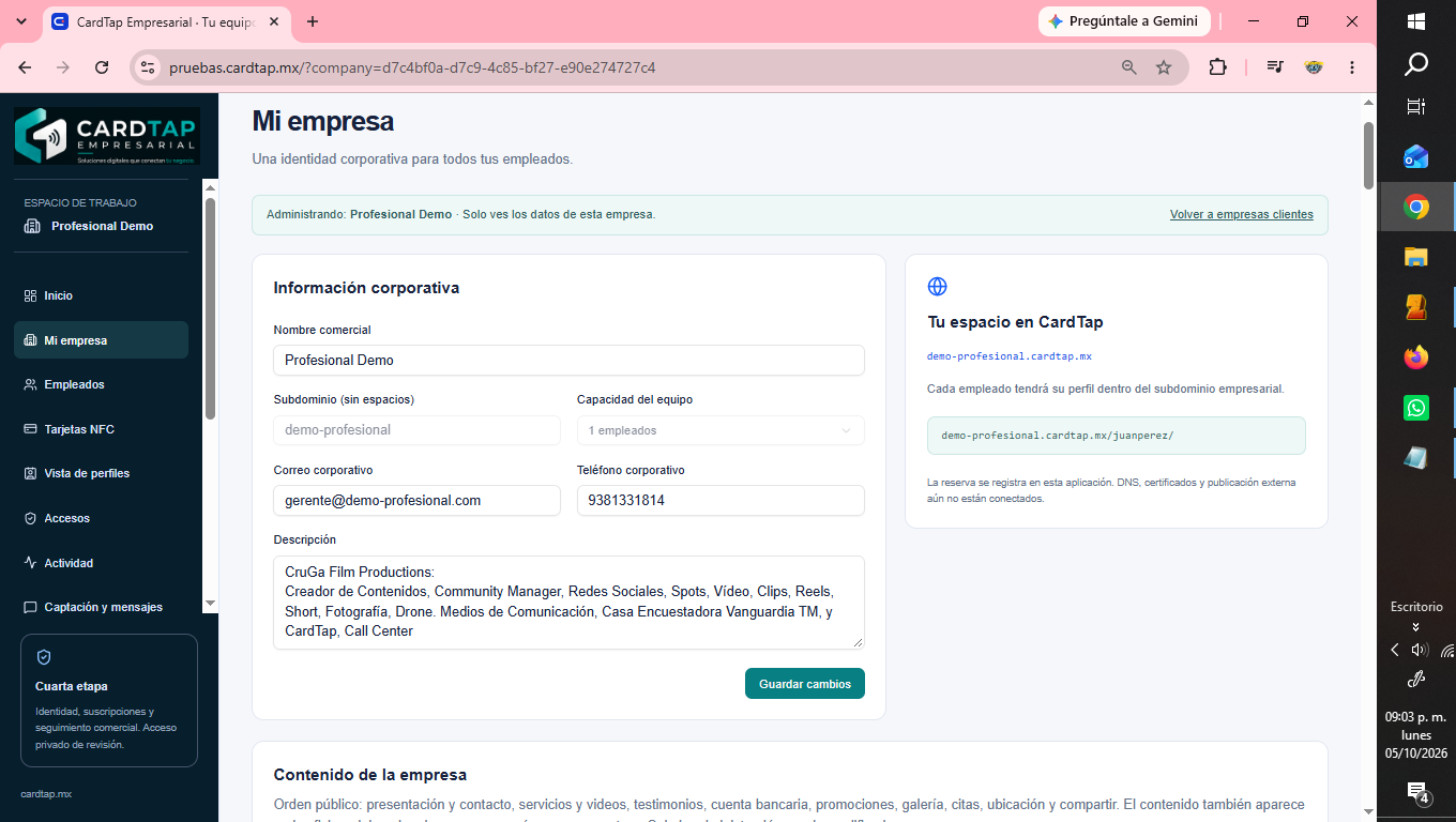 Configuración real de una empresa de demostración en CardTap